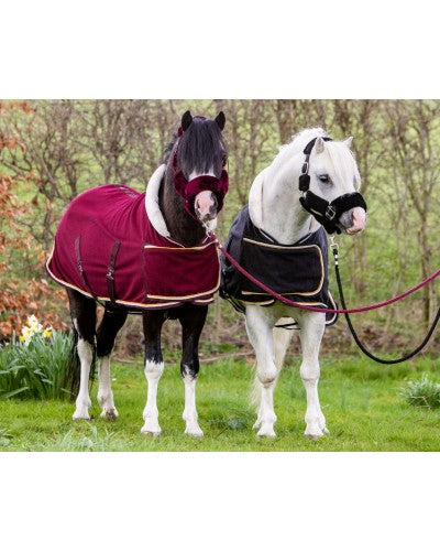 fleece deken voor pony voor wedstrijd en of show in de kleuren bordeaux, navy en zwart met bontkraag naturel