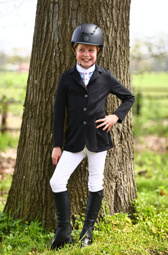 Complete wedstrijd set met witte wedstrijd kinderrijbroek, zwart wedstrijdjasje en witte handschoenen