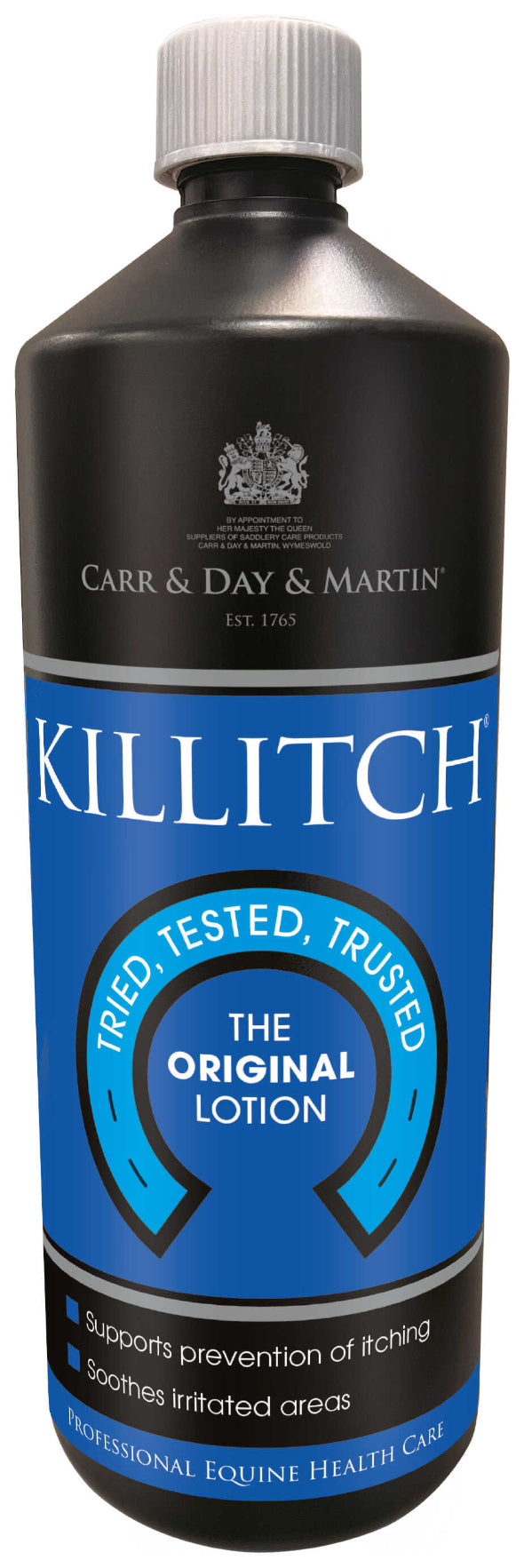 zwarte fles met blauw label met killitch voor paarden erop